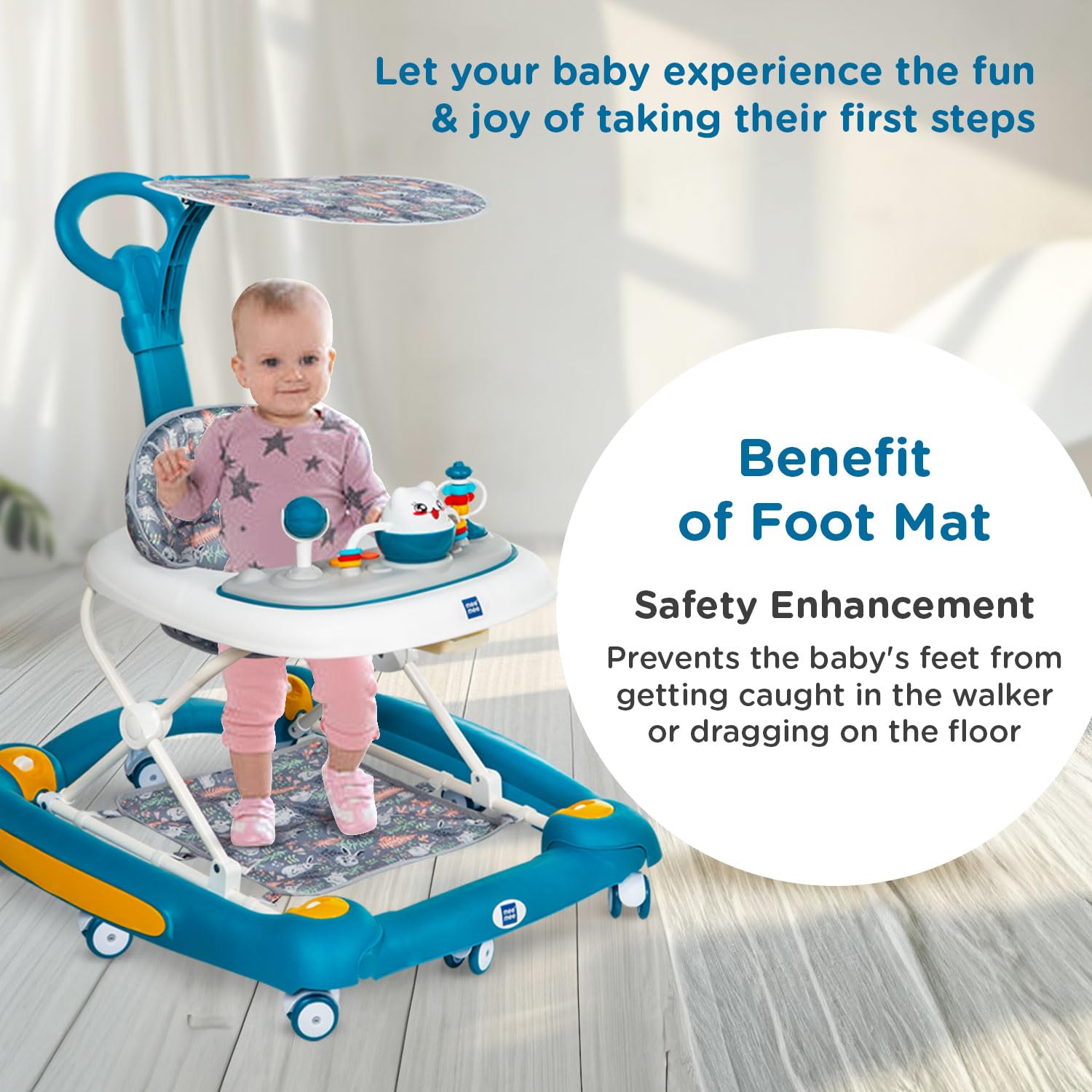 Baby walker with foot mat feature and child using it on a light wooden floor.